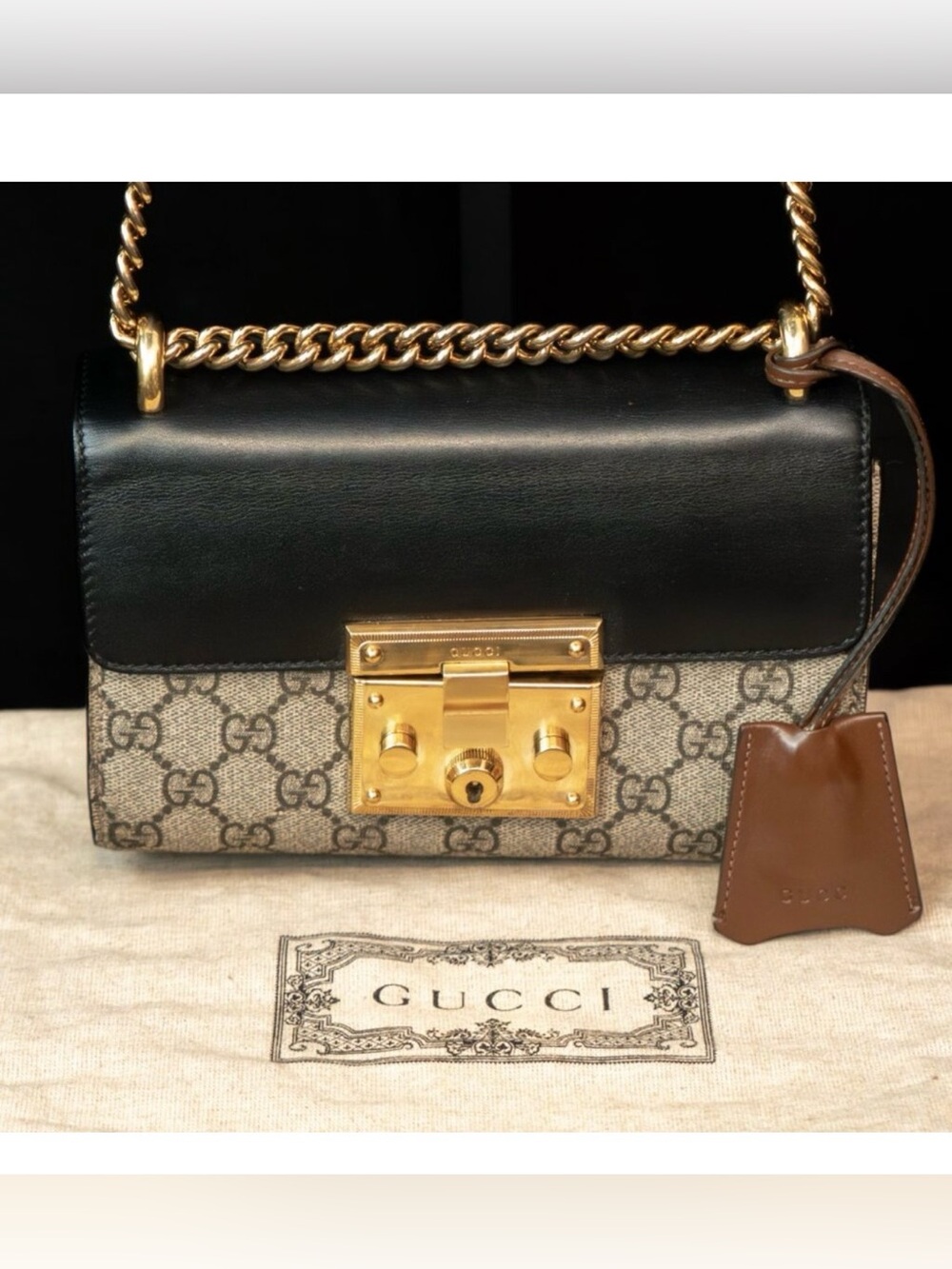 Authentic Gucci Padlock Small GG Supreme Monogram Shoulder Bag Black Leather